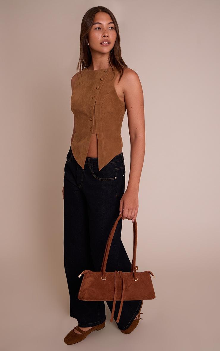 Pretty Little Thing Tan Faux Suede Asymmetric Button Detail Vest