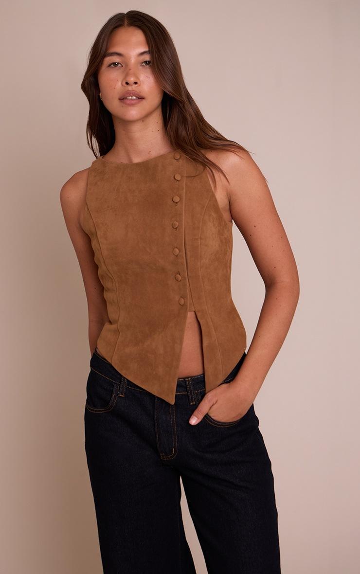 Pretty Little Thing Tan Faux Suede Asymmetric Button Detail Vest