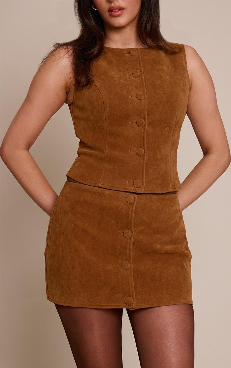 Pretty Little Thing Tan Faux Suede Button Through Mini Skirt
