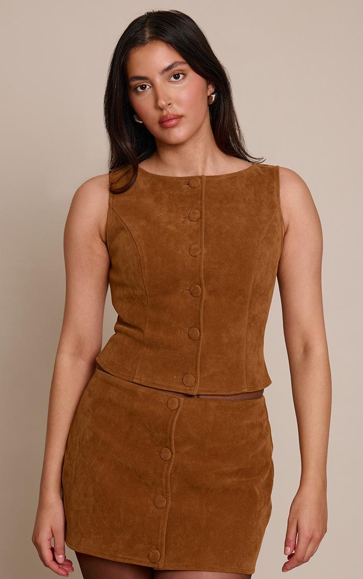 Pretty Little Thing Tan Faux Suede Button Through Vest