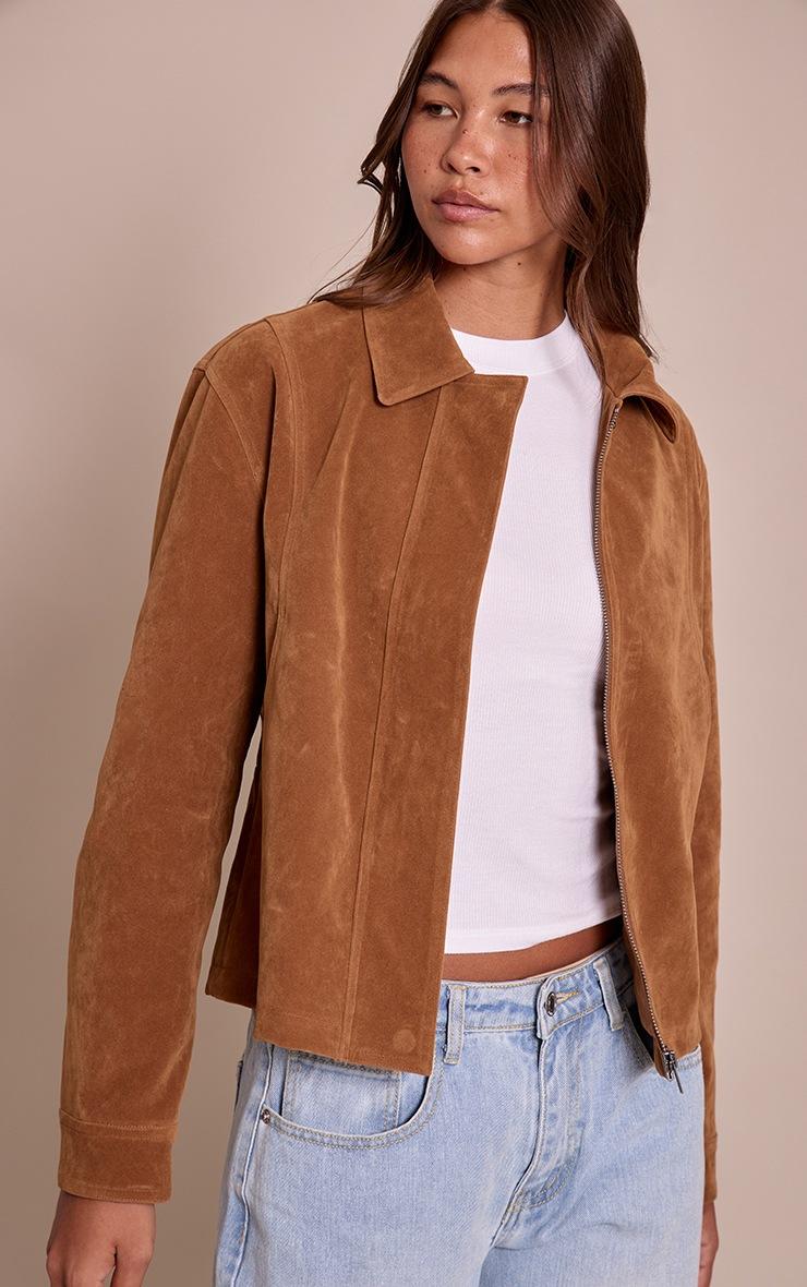 Pretty Little Thing Tan Faux Suede Concealed Placket Bomber Jacket
