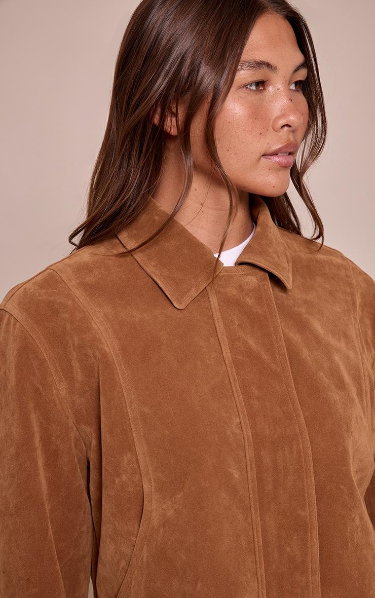 Pretty Little Thing Tan Faux Suede Concealed Placket Bomber Jacket