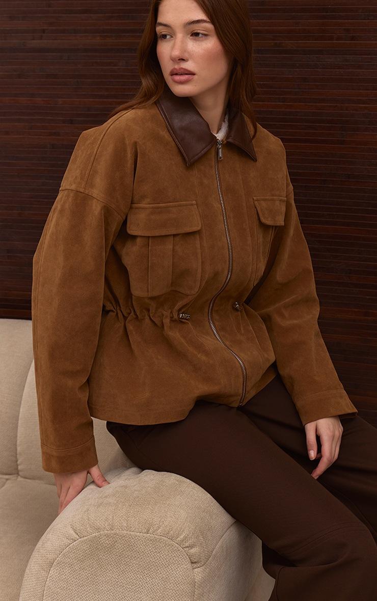 Pretty Little Thing Tan Faux Suede Contrast Collar Cinch Waist Jacket