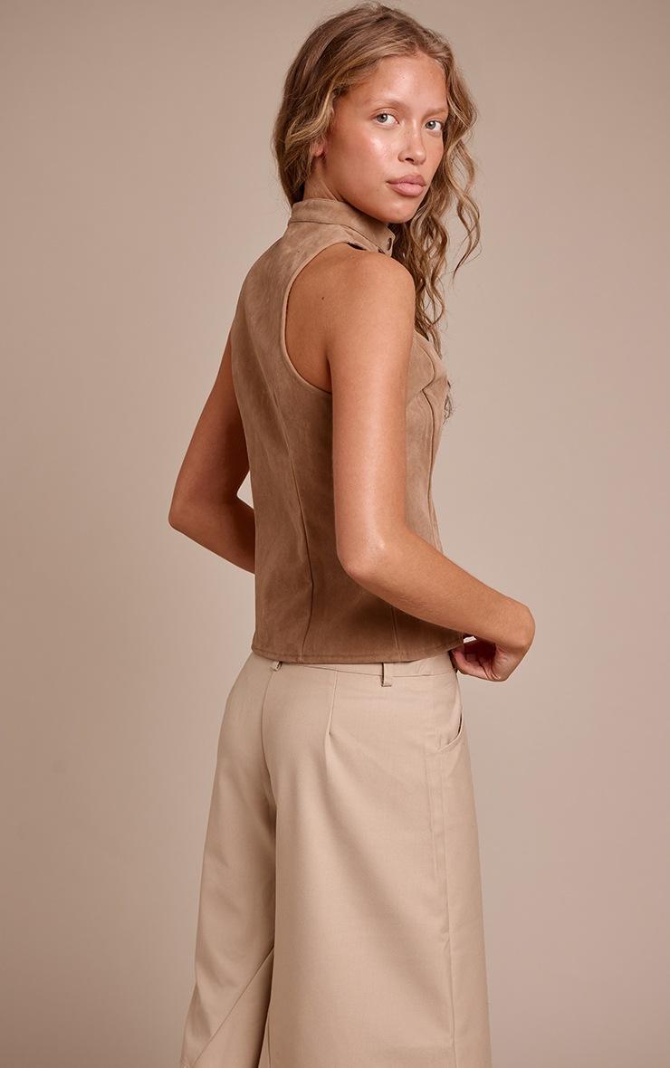 Pretty Little Thing Tan Faux Suede Zip Up Sleeveless Top