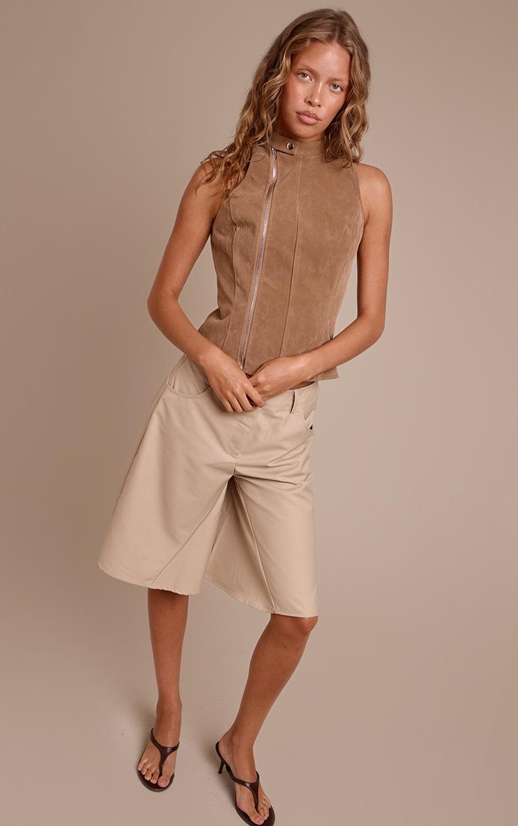 Pretty Little Thing Tan Faux Suede Zip Up Sleeveless Top