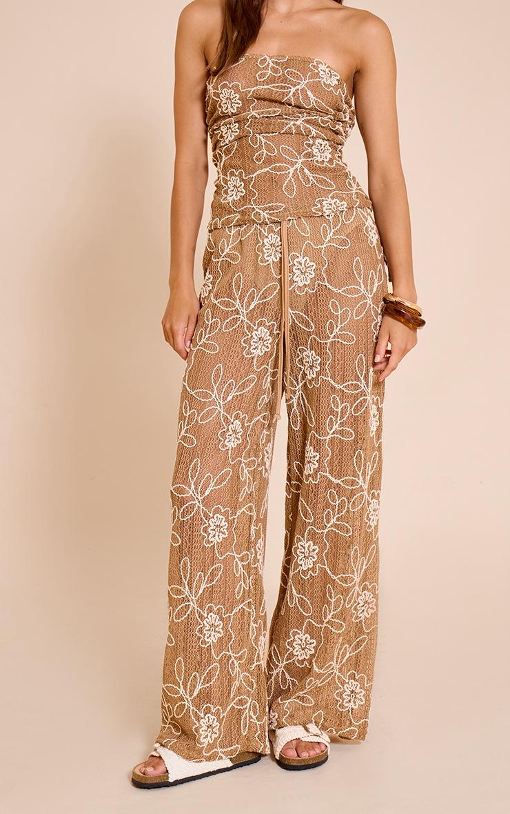 Pretty Little Thing Tan Floral Crochet Drawstring Pant