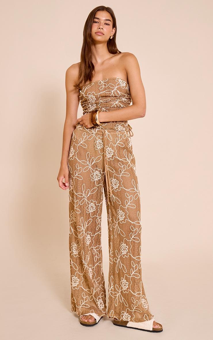 Pretty Little Thing Tan Floral Crochet Drawstring Pant