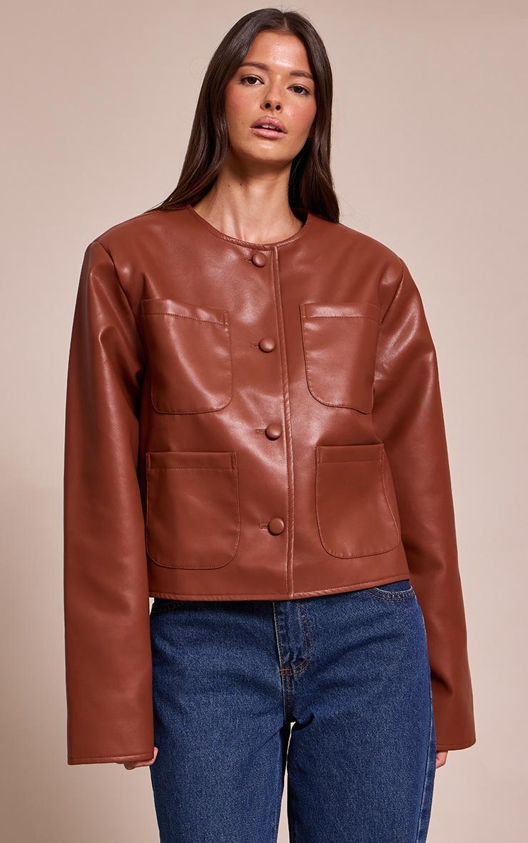 Pretty Little Thing Tan Pocket Detail Faux Leather Jacket