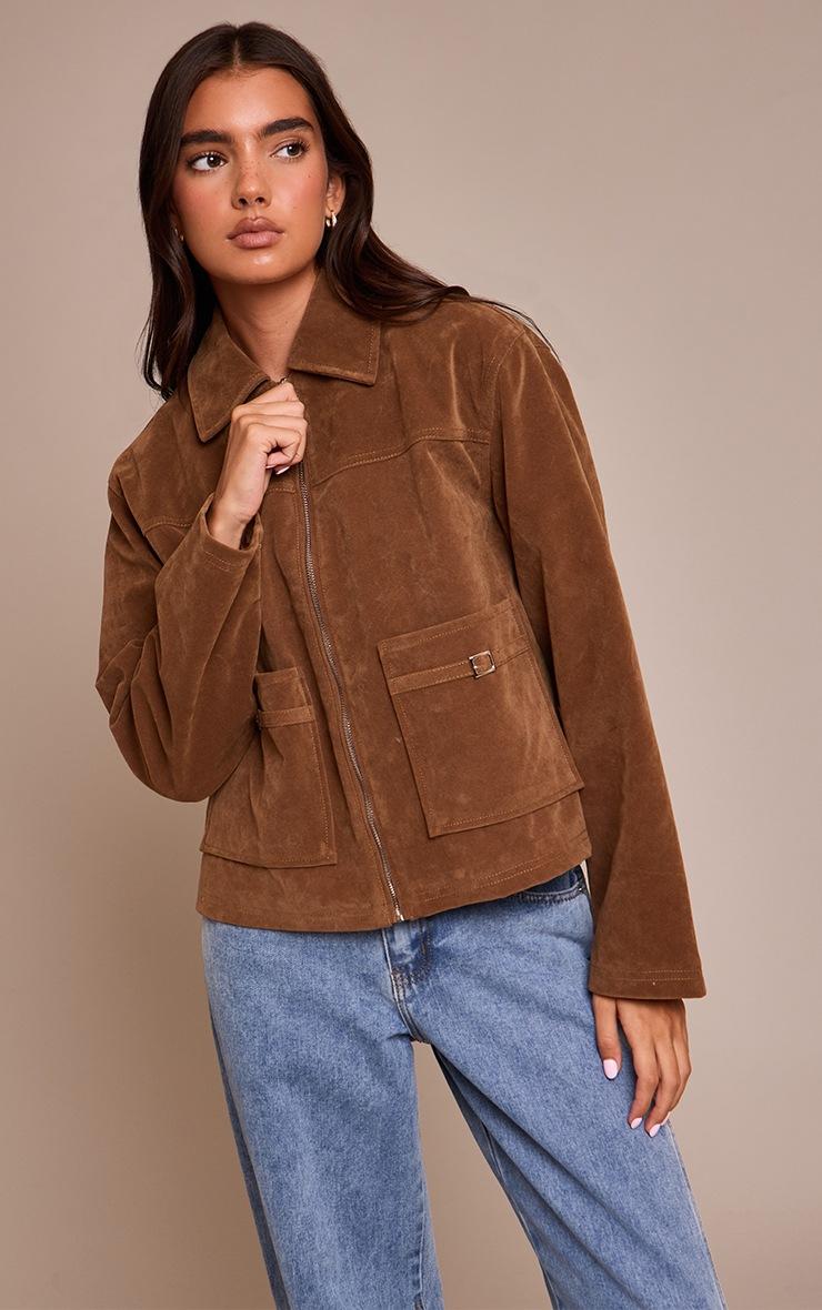 Pretty Little Thing Tan Pocket Trim Faux Suede Jacket