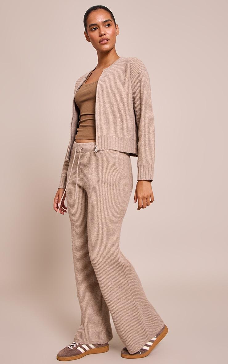 Pretty Little Thing Taupe Brushed Rib Knit Zip Through Cardigan
