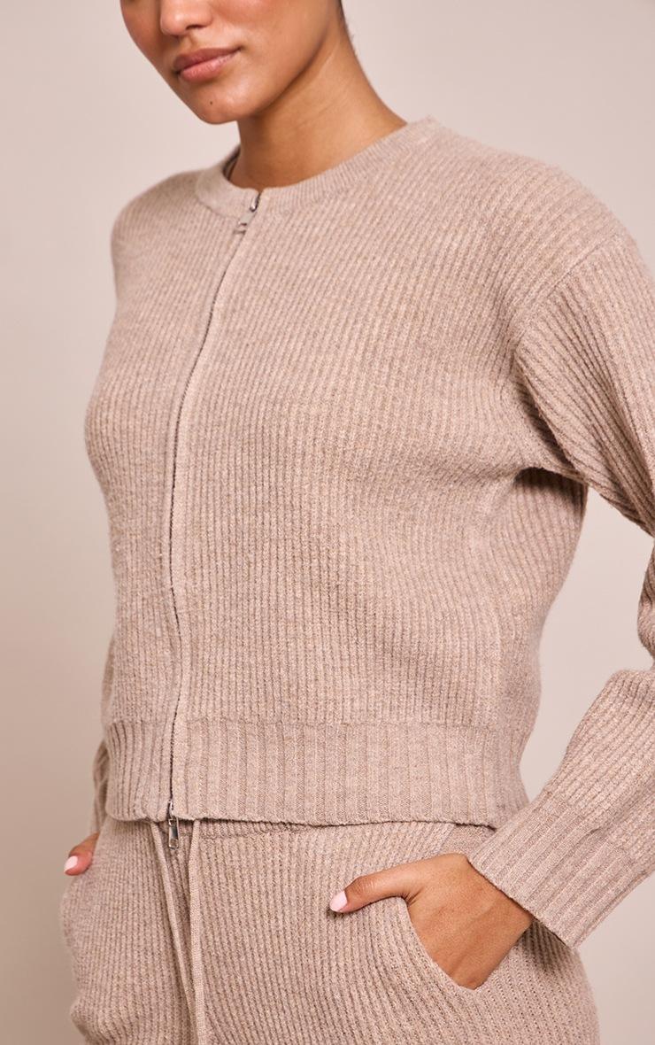 Pretty Little Thing Taupe Brushed Rib Knit Zip Through Cardigan
