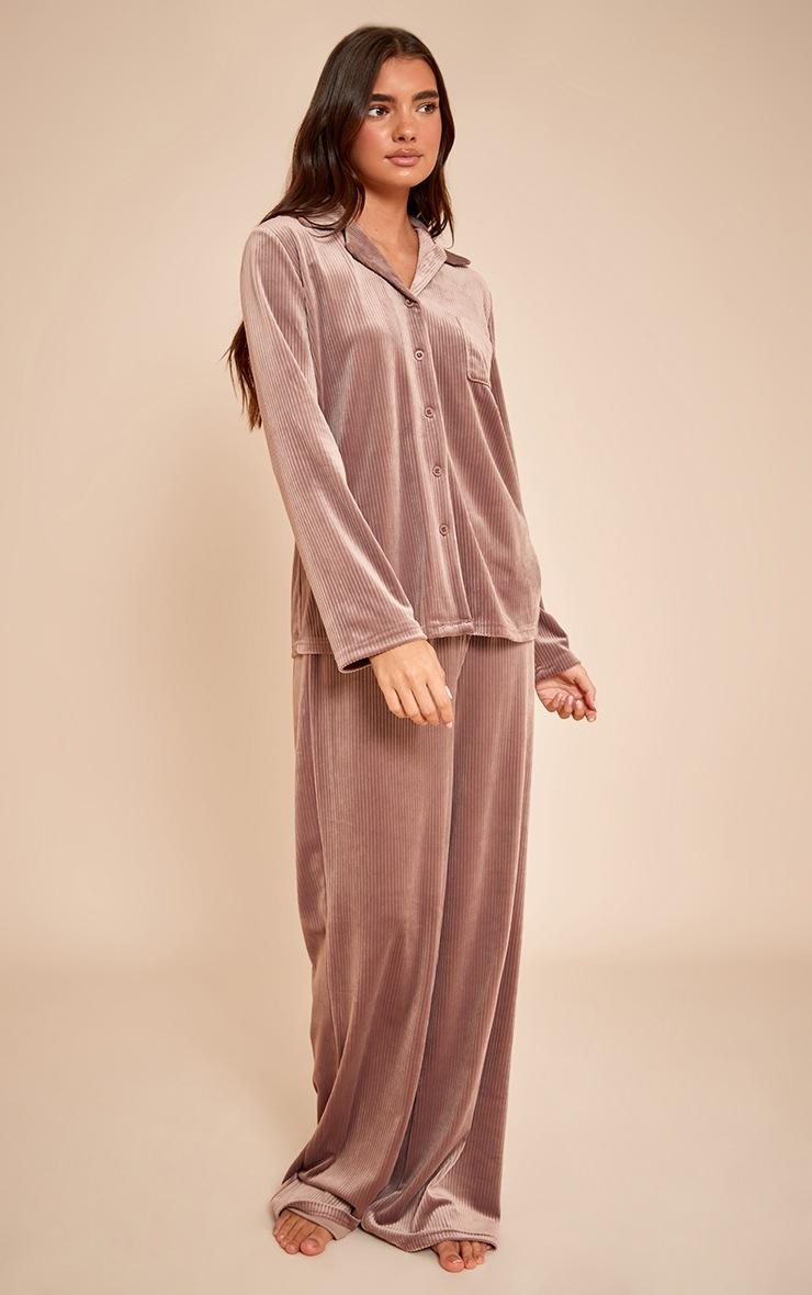 Pretty Little Thing Taupe Button Up Fleece Cord Style Pajama Set