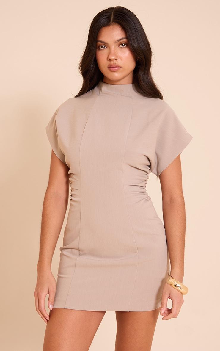 Pretty Little Thing Taupe Cape Sleeve Ruched Detail Mini Dress