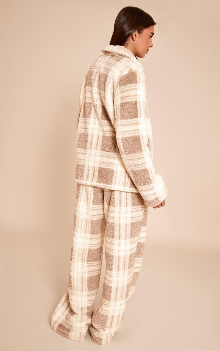 Pretty Little Thing Taupe Check Button Up Fleece Pajama Set