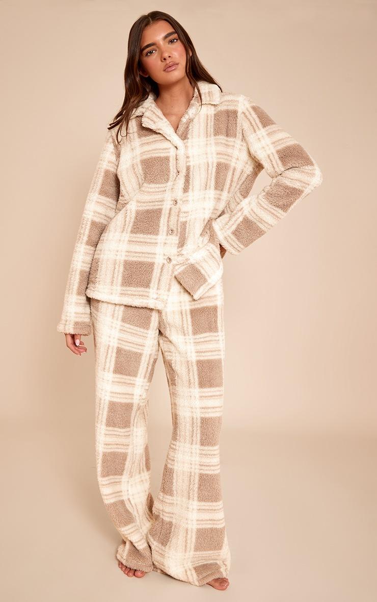 Pretty Little Thing Taupe Check Button Up Fleece Pajama Set