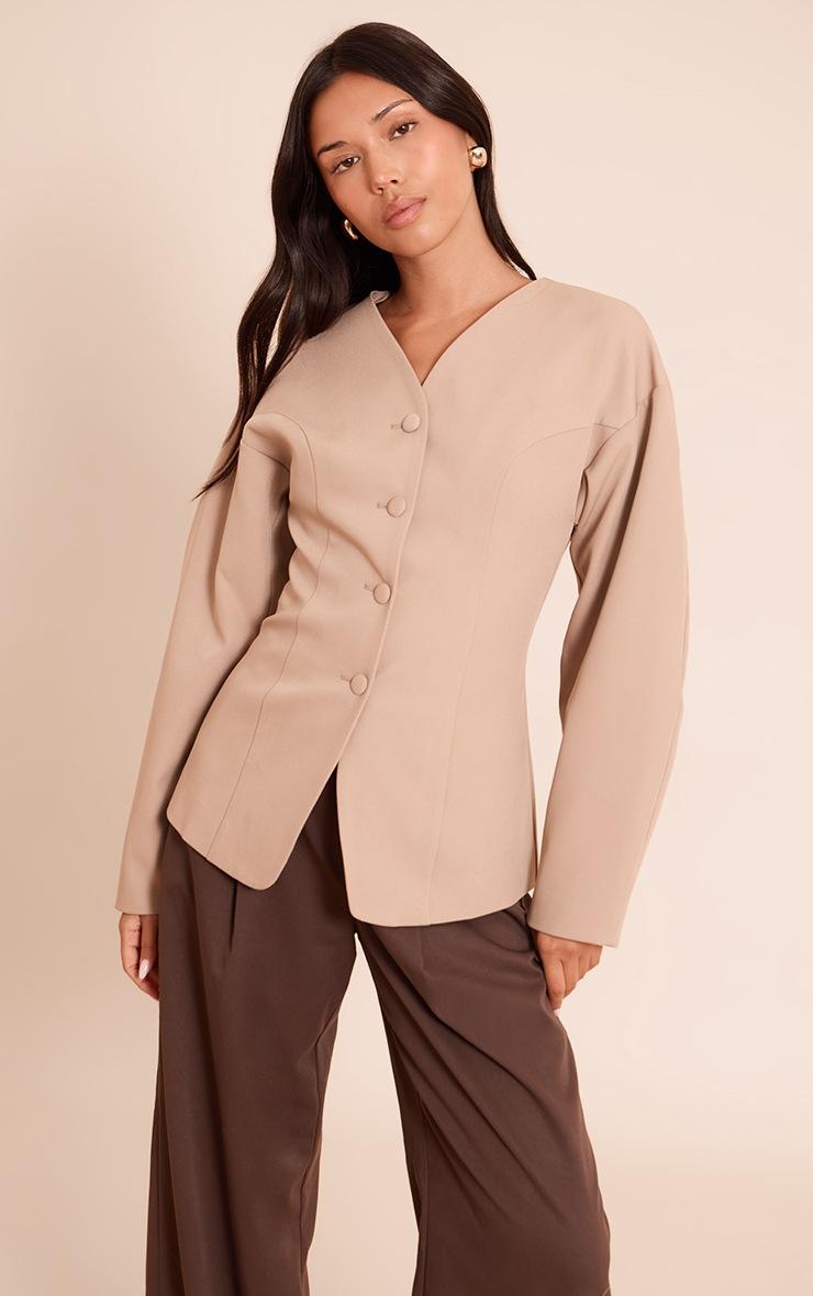 Pretty Little Thing Taupe Collarless Fabric Covered Button Blazer