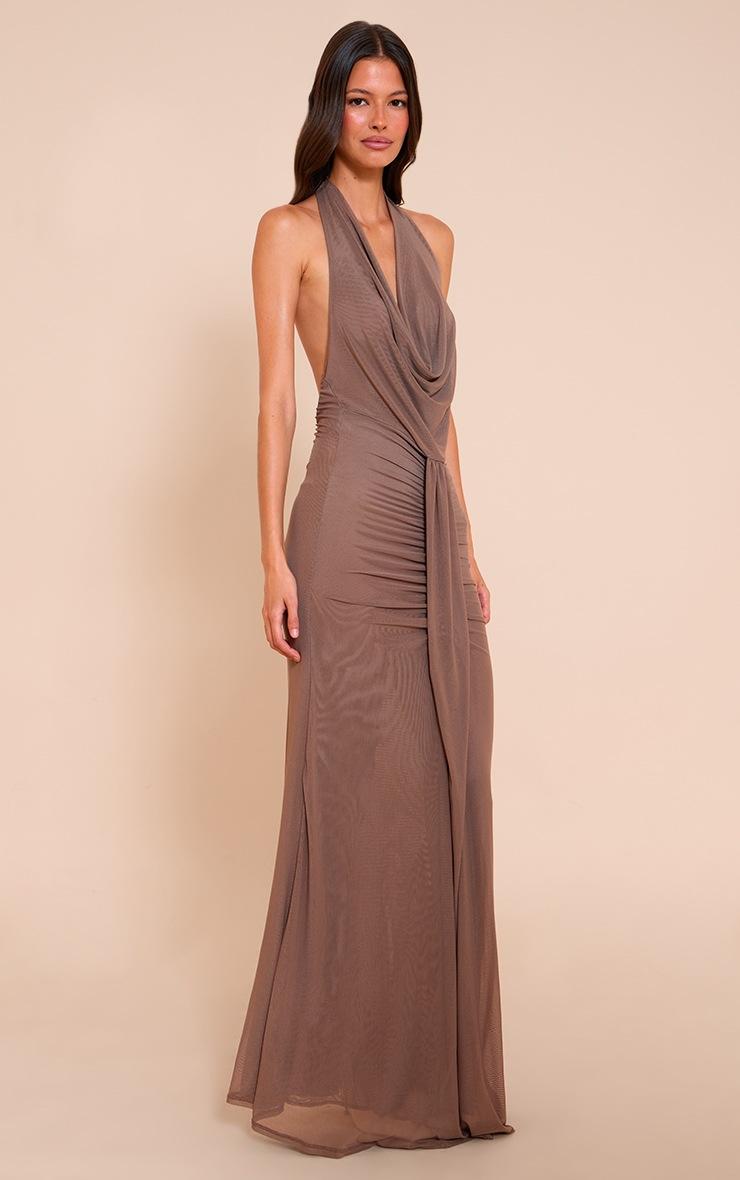 Pretty Little Thing Taupe Double Layer Mesh Cowl Neck Maxi Dress
