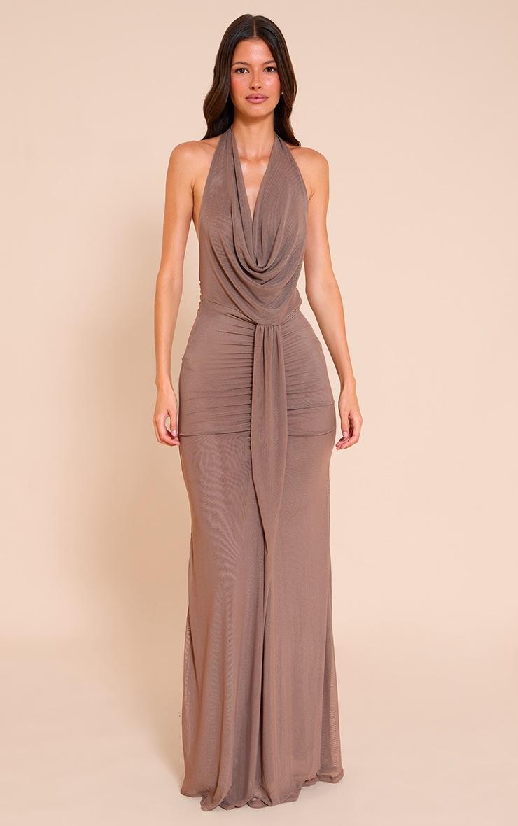 Pretty Little Thing Taupe Double Layer Mesh Cowl Neck Maxi Dress