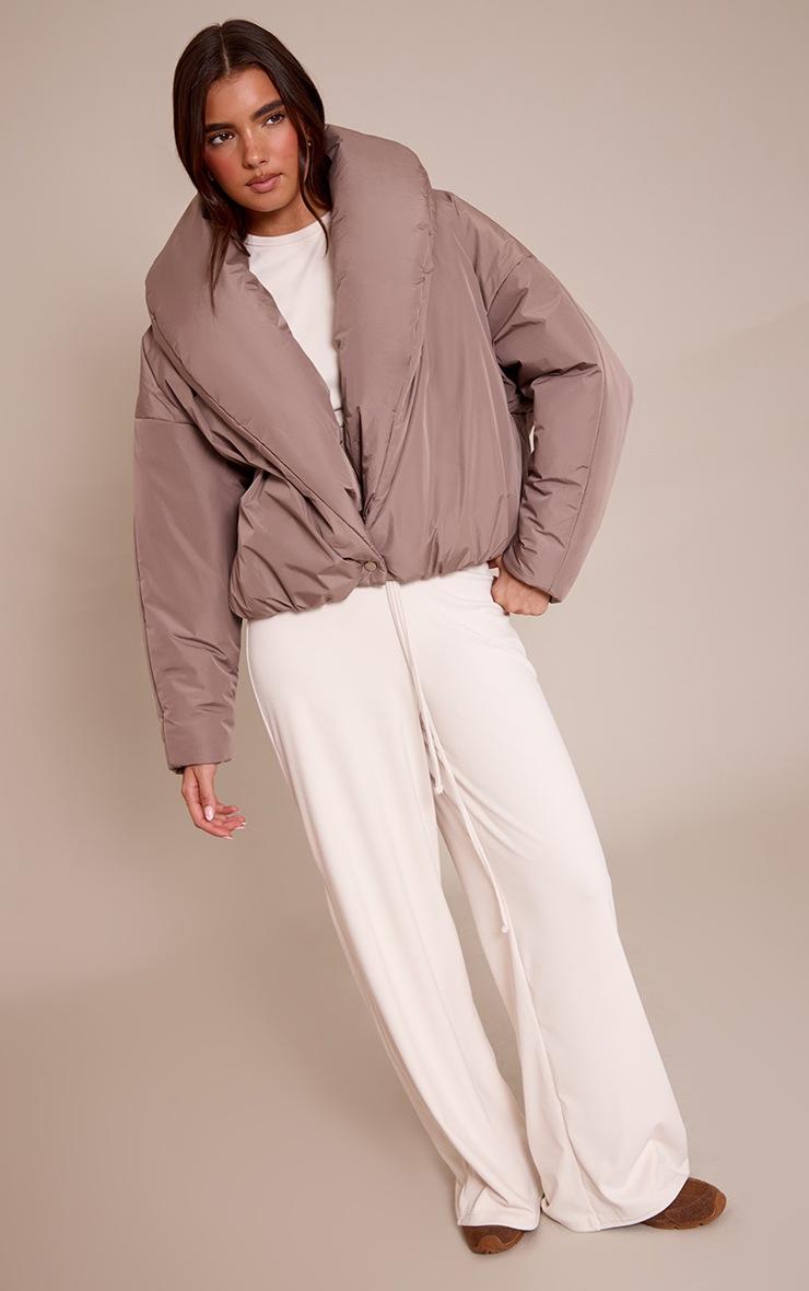 Pretty Little Thing Taupe Exaggerated Collar Shell Puffer Jacket