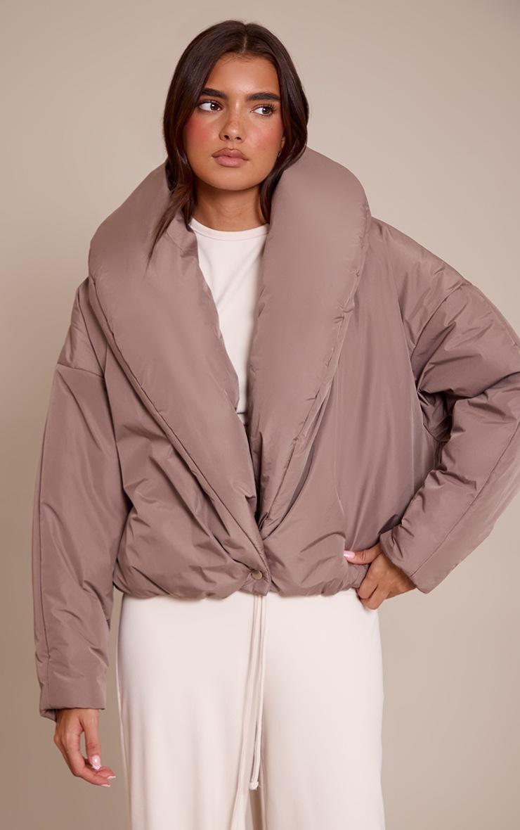 Pretty Little Thing Taupe Exaggerated Collar Shell Puffer Jacket