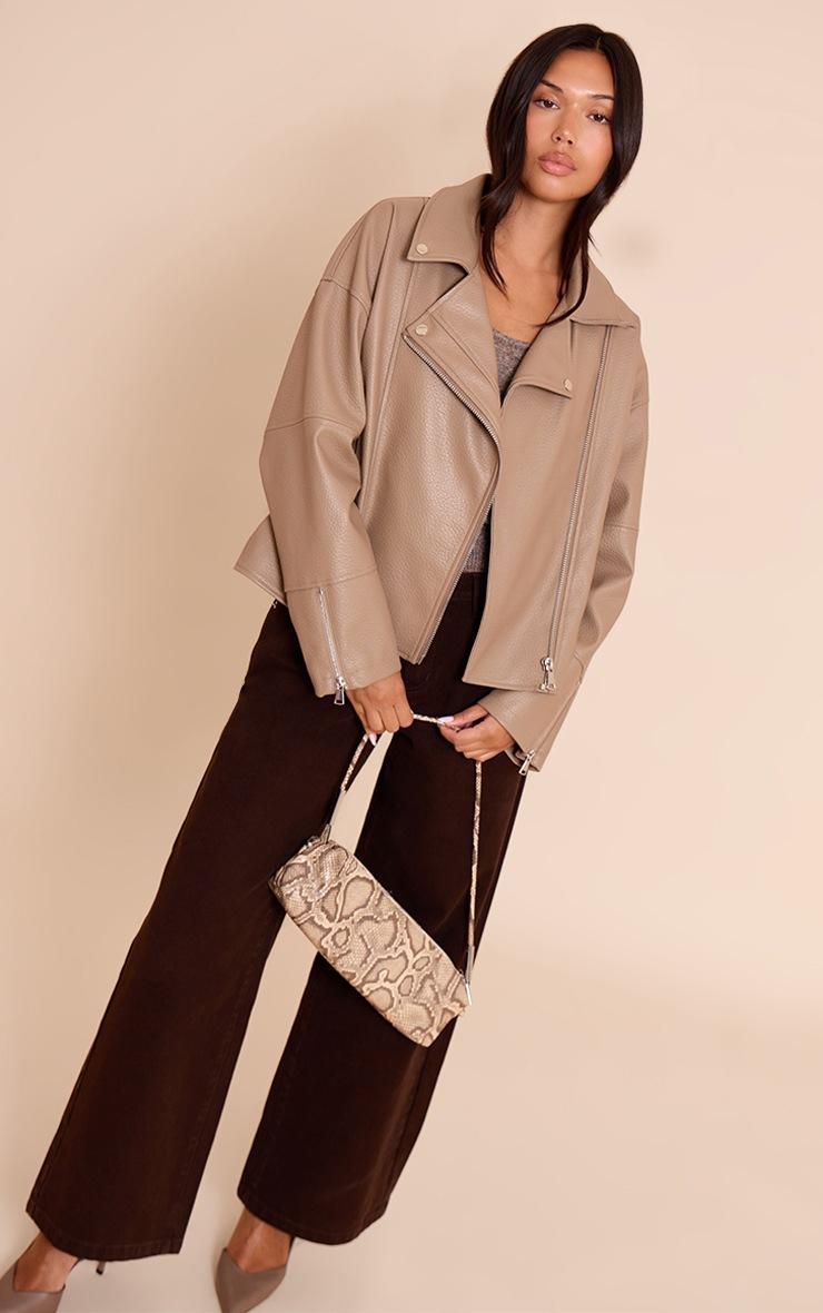 Pretty Little Thing Taupe Faux Leather Oversized Biker Jacket