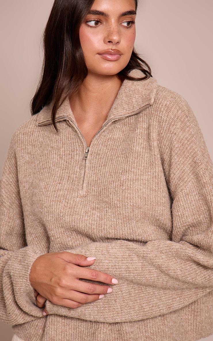 Pretty Little Thing Taupe Half Zip Soft Knit Sweater