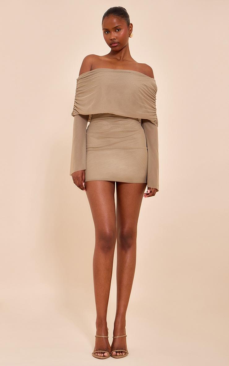 Pretty Little Thing Taupe Lined Mesh Long Sleeve Mini Dress