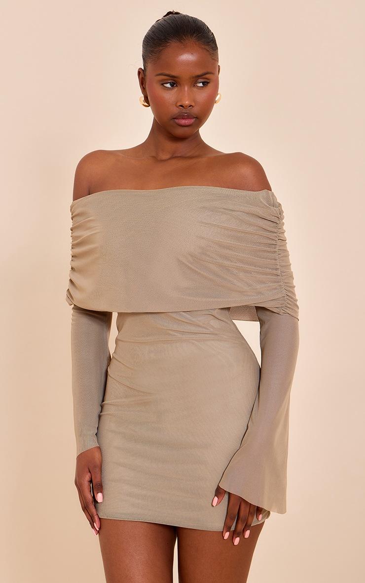 Pretty Little Thing Taupe Lined Mesh Long Sleeve Mini Dress