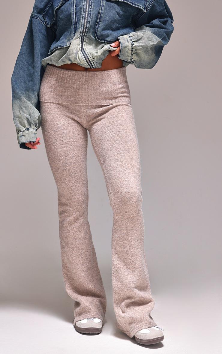 Pretty Little Thing Taupe Melange Soft Knit Foldover Waist Flared Pants