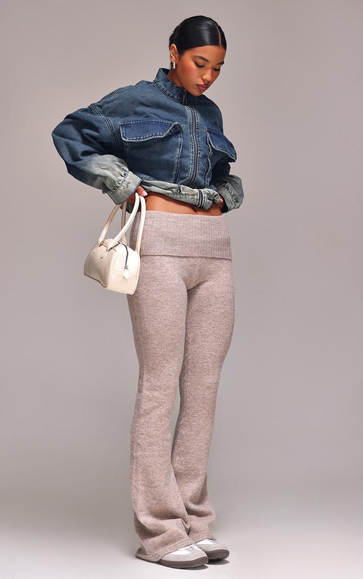 Pretty Little Thing Taupe Melange Soft Knit Foldover Waist Flared Pants