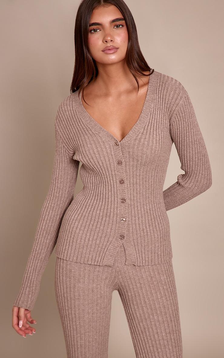Pretty Little Thing Taupe Ribbed Knitted Long Sleeve Button Down Cardigan