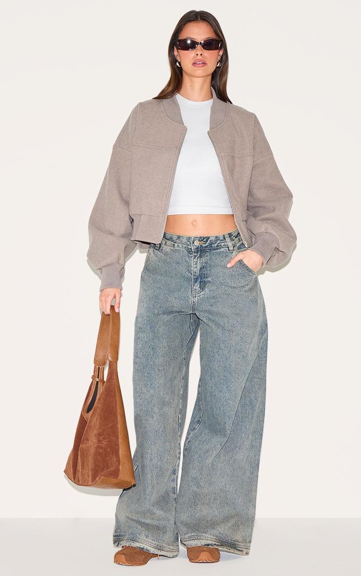 Pretty Little Thing Taupe Ruched Sleeve Cropped Bomber Jacket