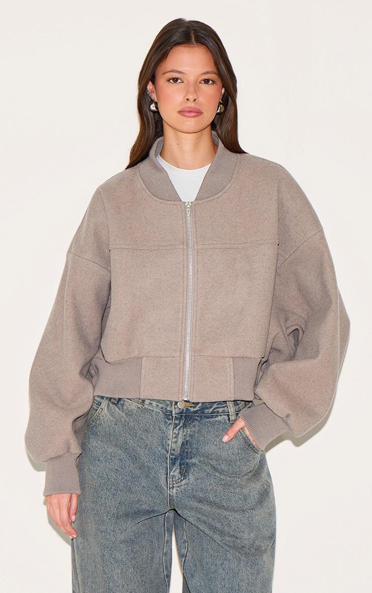 Pretty Little Thing Taupe Ruched Sleeve Cropped Bomber Jacket
