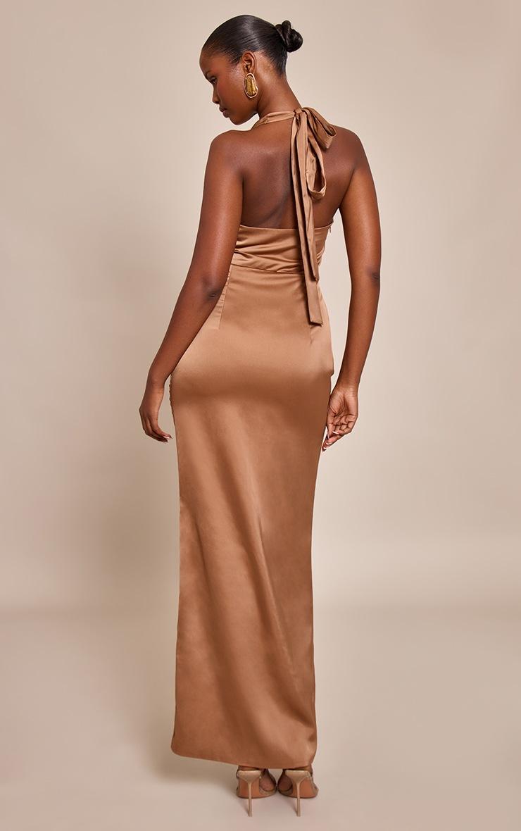 Pretty Little Thing Taupe Satin Twist Plunge Halterneck Maxi Dress