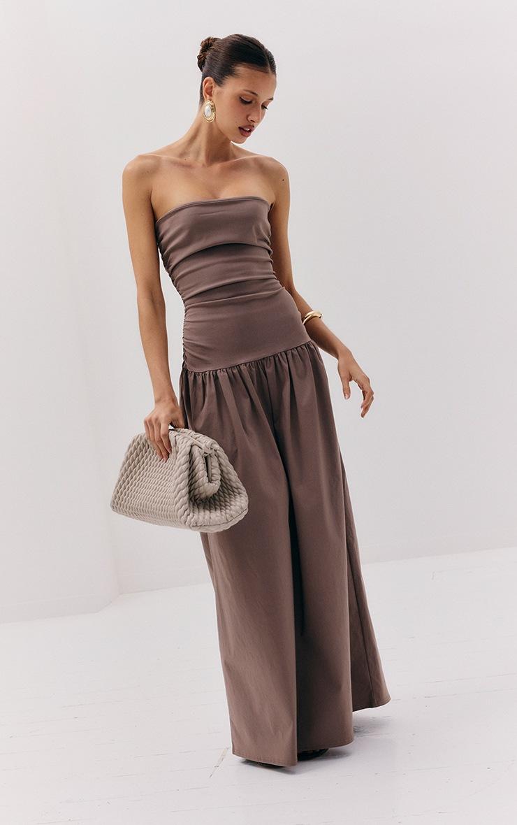 Pretty Little Thing Taupe Stretch Woven Bandeau Ruched Maxi Dress