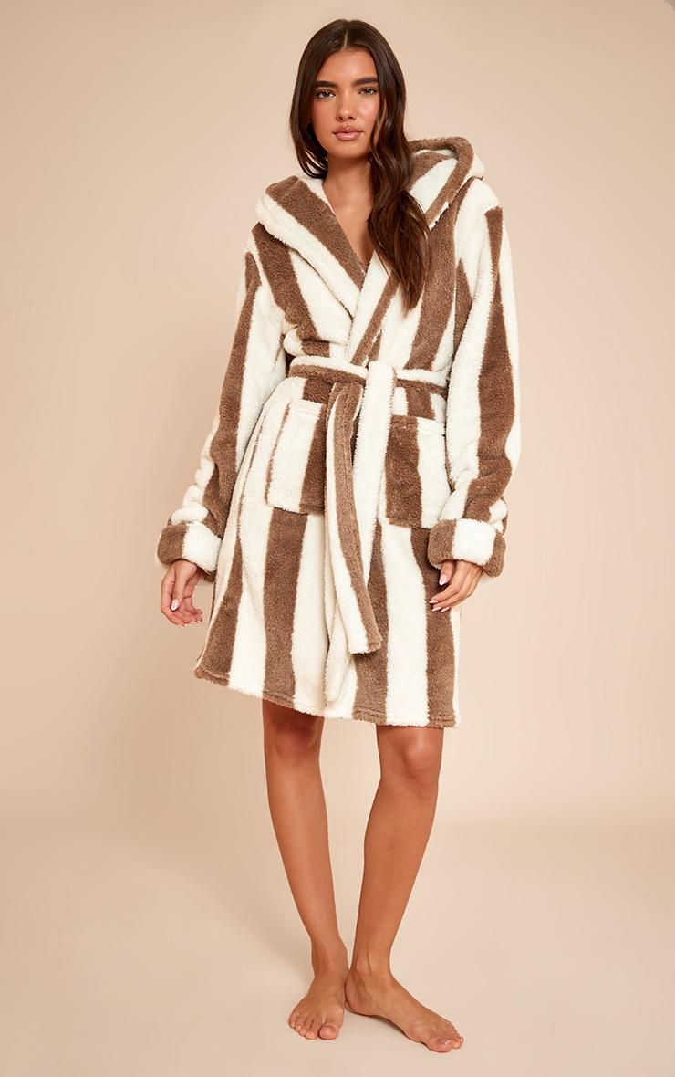 Pretty Little Thing Taupe Stripe Fleece Hooded Short Bath Robe