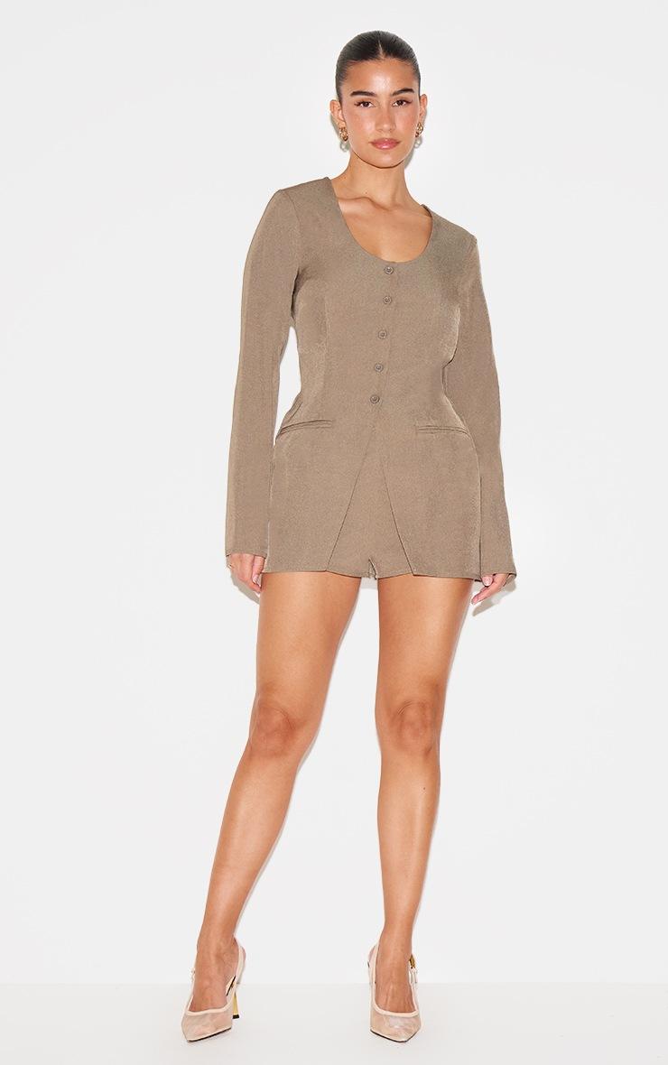 Pretty Little Thing Taupe Tailored Button Down Scoop Neck Romper