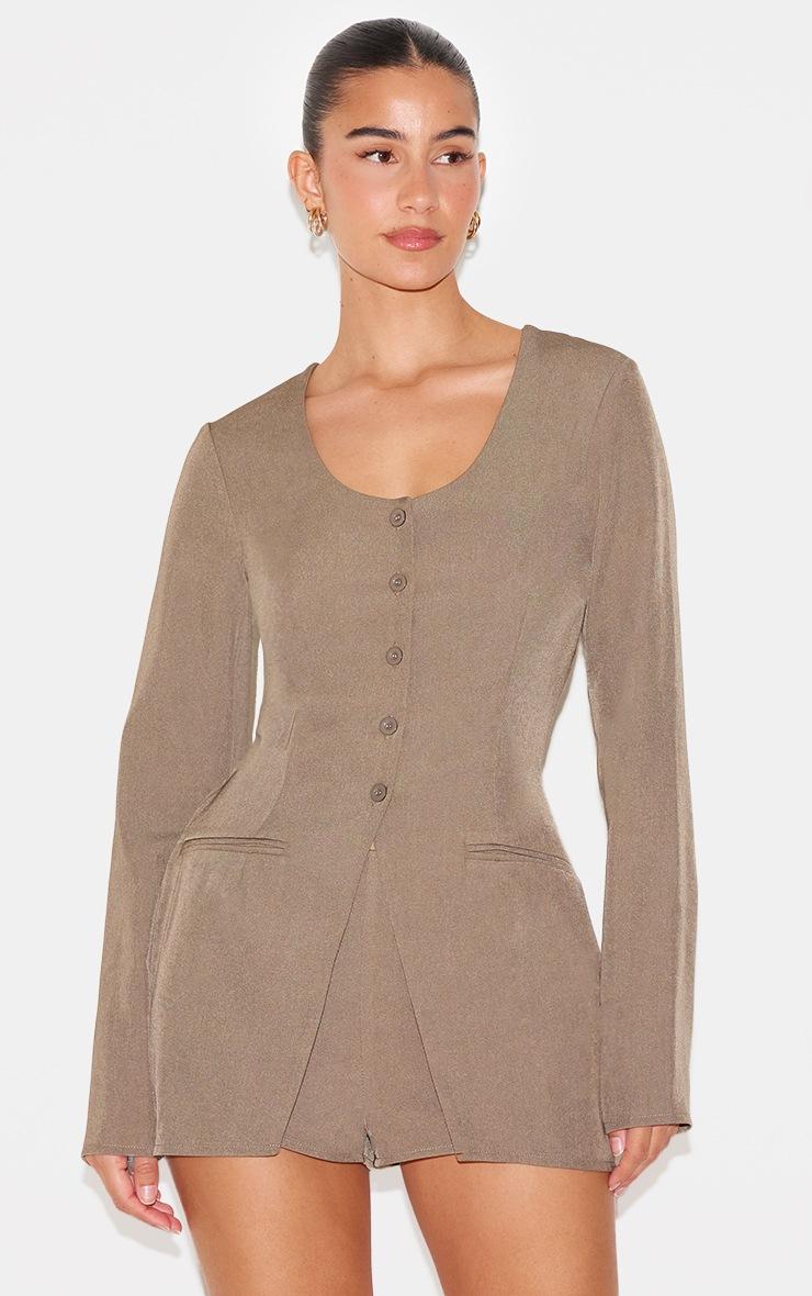 Pretty Little Thing Taupe Tailored Button Down Scoop Neck Romper