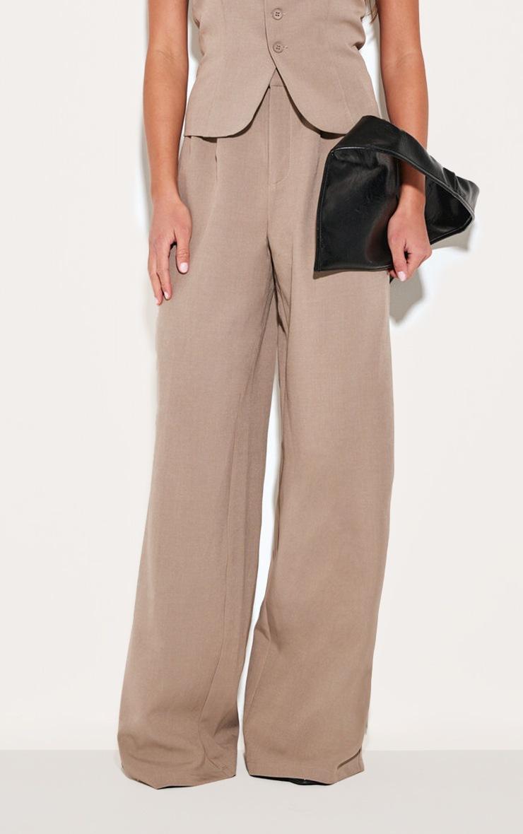 Pretty Little Thing Taupe Tailored Tie Detail Woven Wide Leg Pants