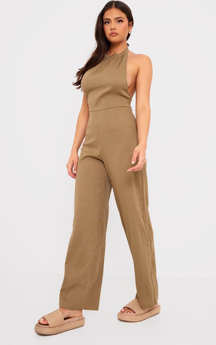 Pretty Little Thing Taupe Textured Halterneck Low Back Jumpsuit