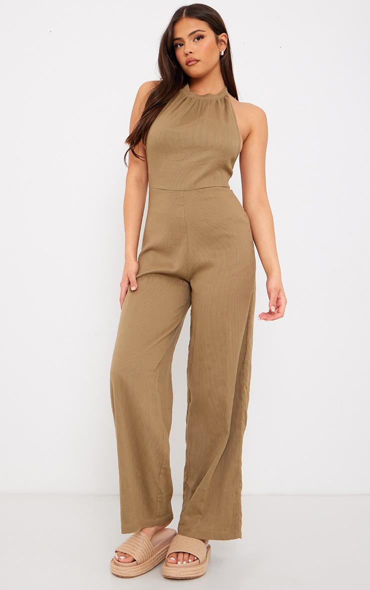Pretty Little Thing Taupe Textured Halterneck Low Back Jumpsuit