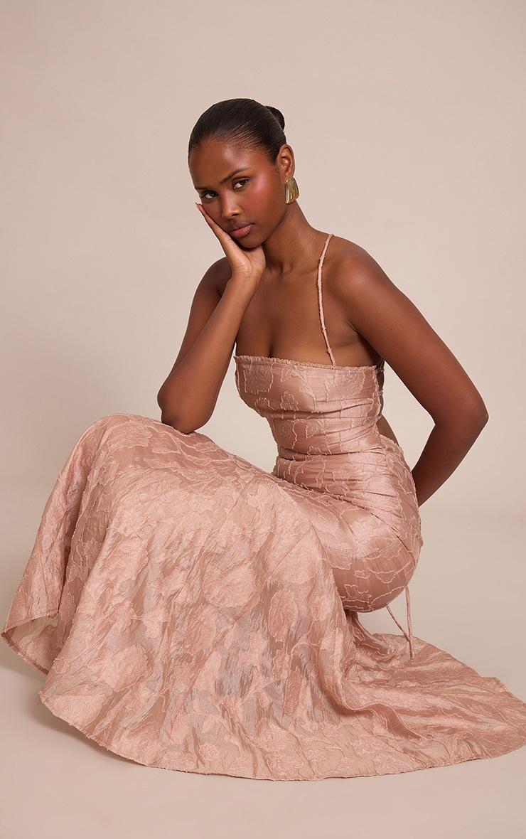 Pretty Little Thing Taupe Textured Lace Up Back Maxi Dress