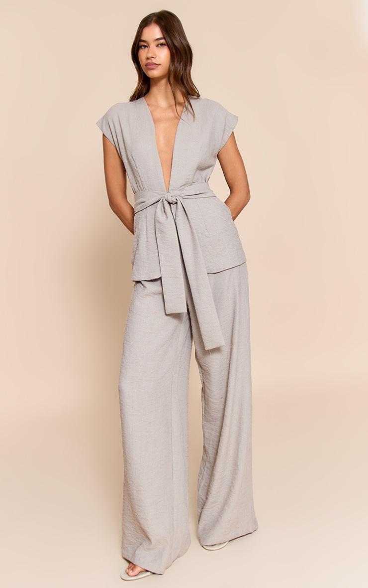 Pretty Little Thing Taupe Textured Tie Waist Jumpsuit