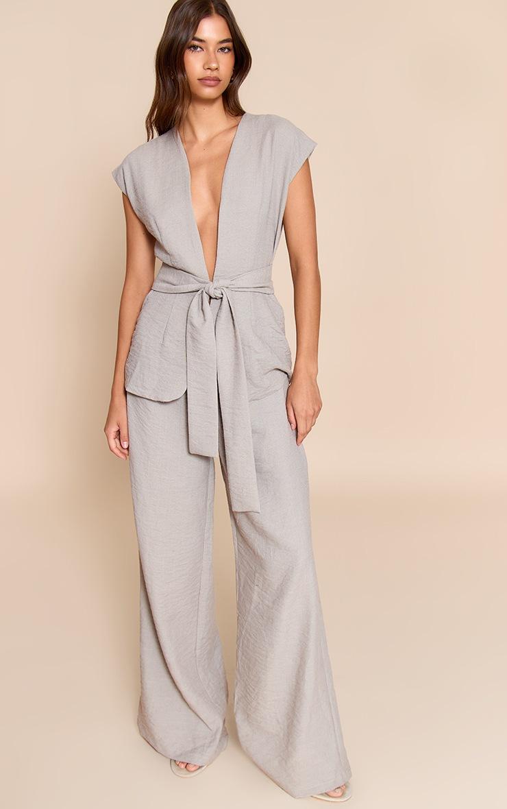 Pretty Little Thing Taupe Textured Tie Waist Jumpsuit