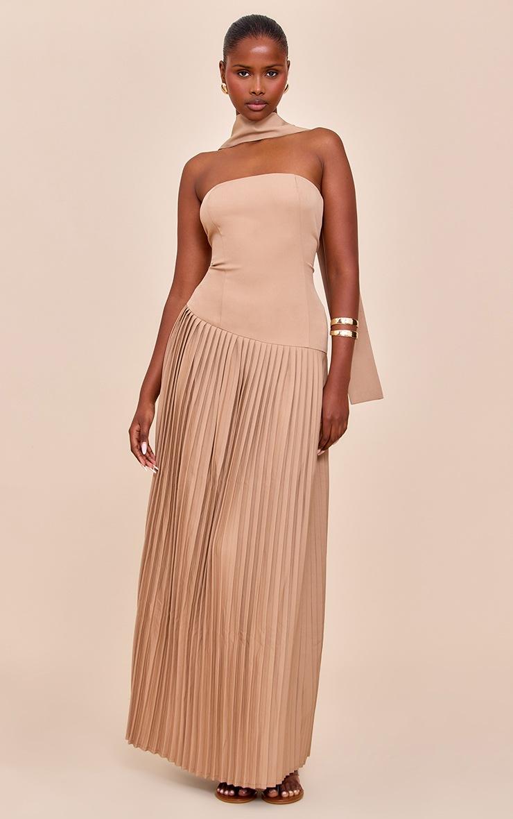 Pretty Little Thing Taupe Woven Asymmetric Pleated Maxi Dress