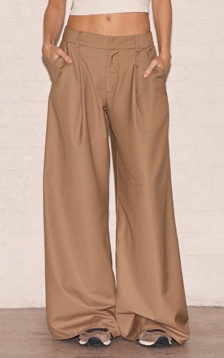 Pretty Little Thing Taupe Woven Double Pleat Wide Leg Pants