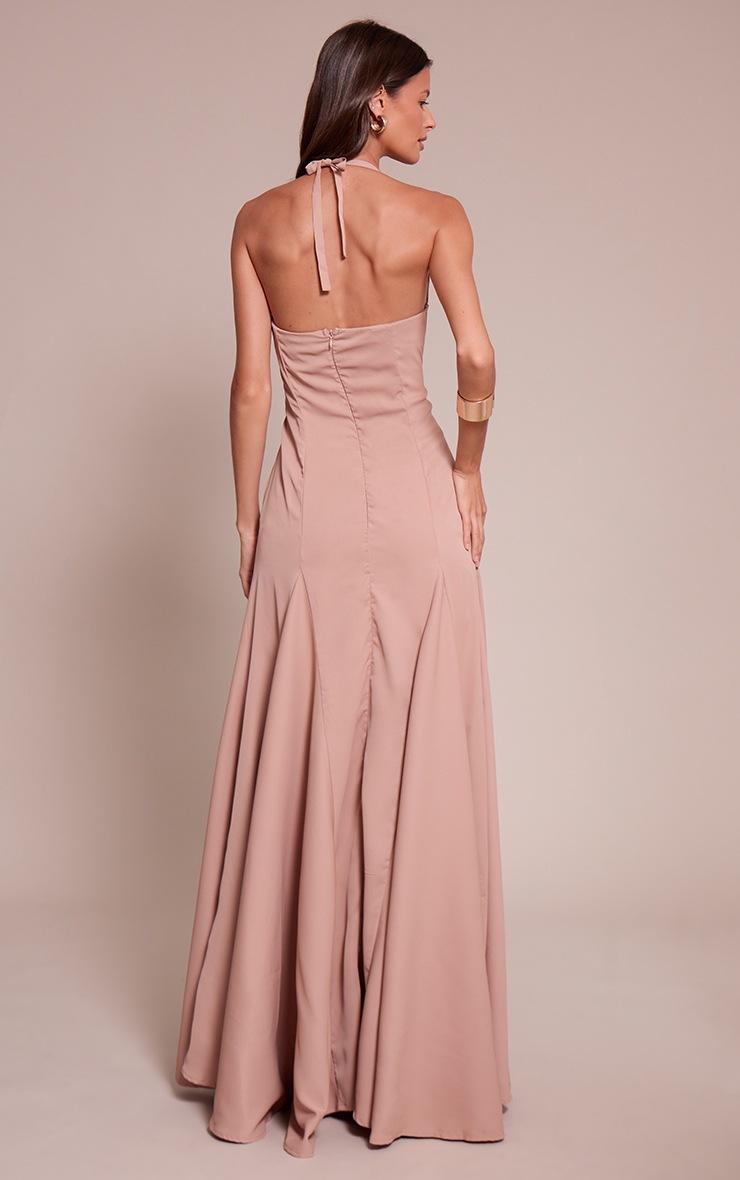 Pretty Little Thing Taupe Woven Halterneck Ruched Bust Detail Maxi Dress