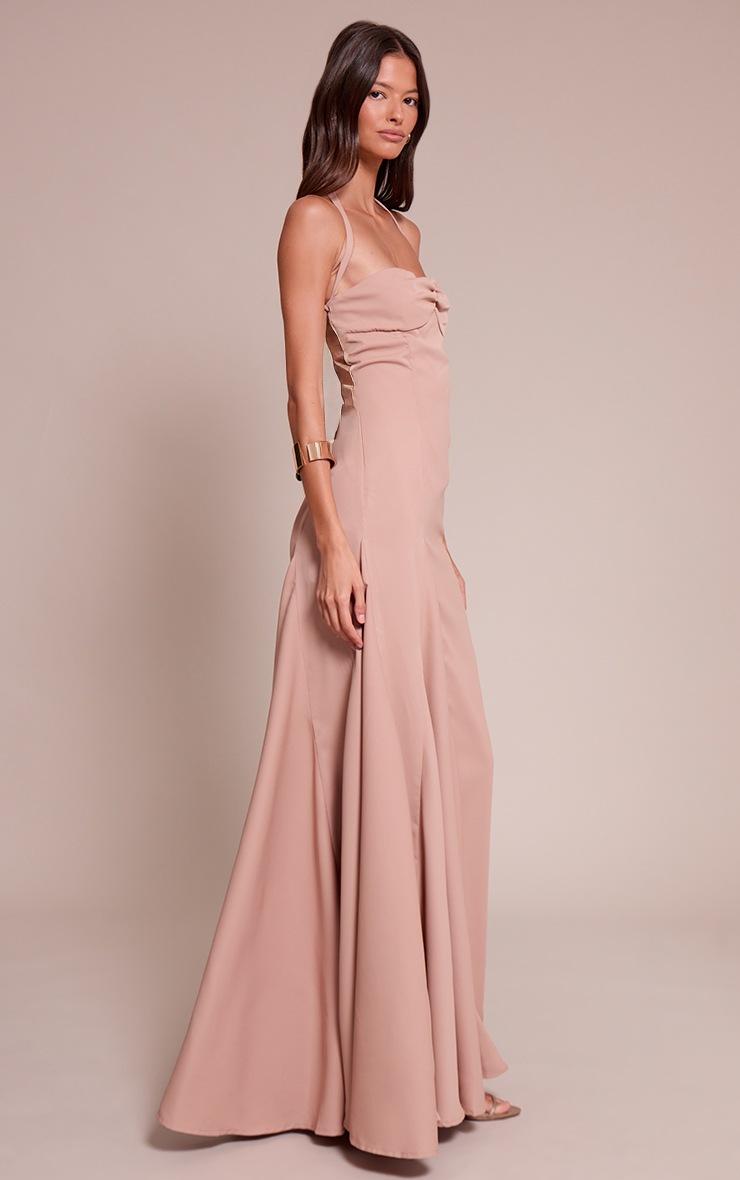 Pretty Little Thing Taupe Woven Halterneck Ruched Bust Detail Maxi Dress