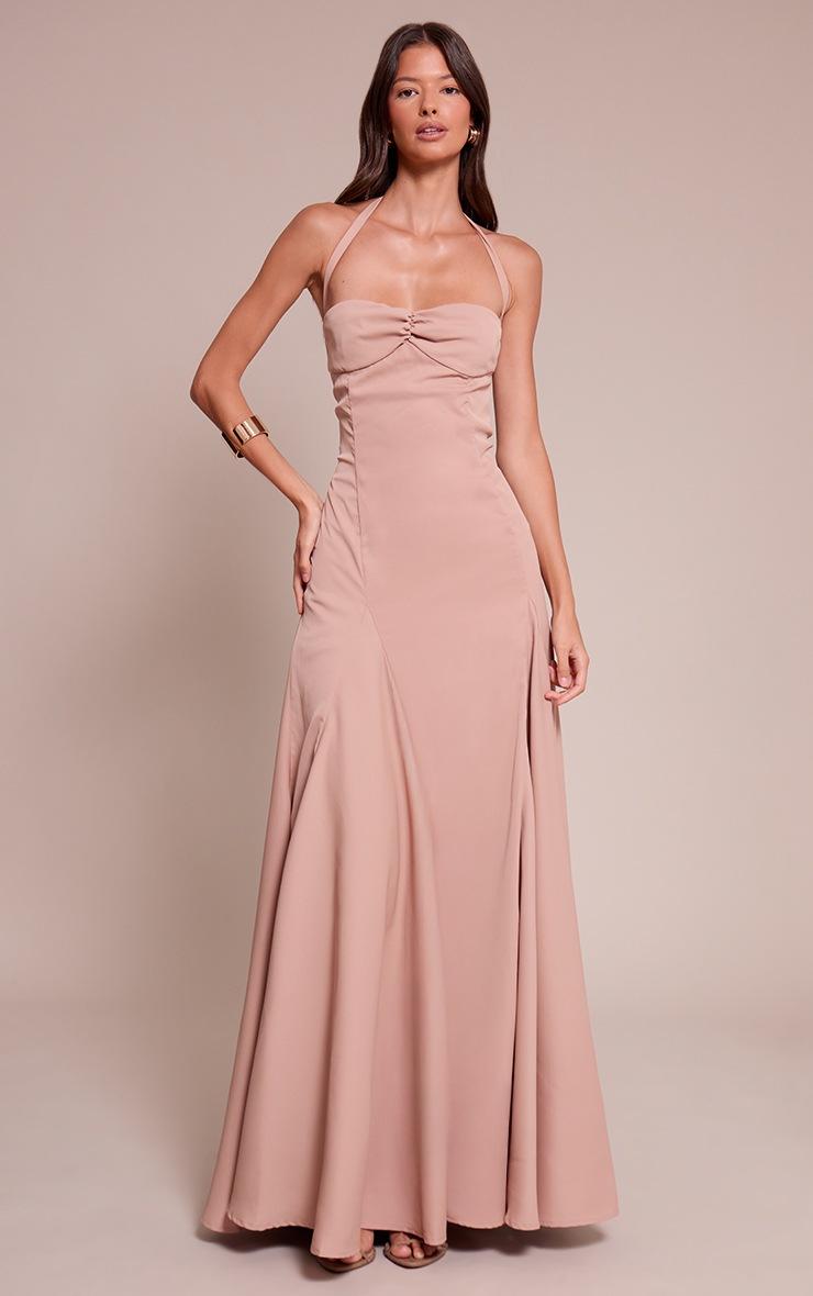 Pretty Little Thing Taupe Woven Halterneck Ruched Bust Detail Maxi Dress