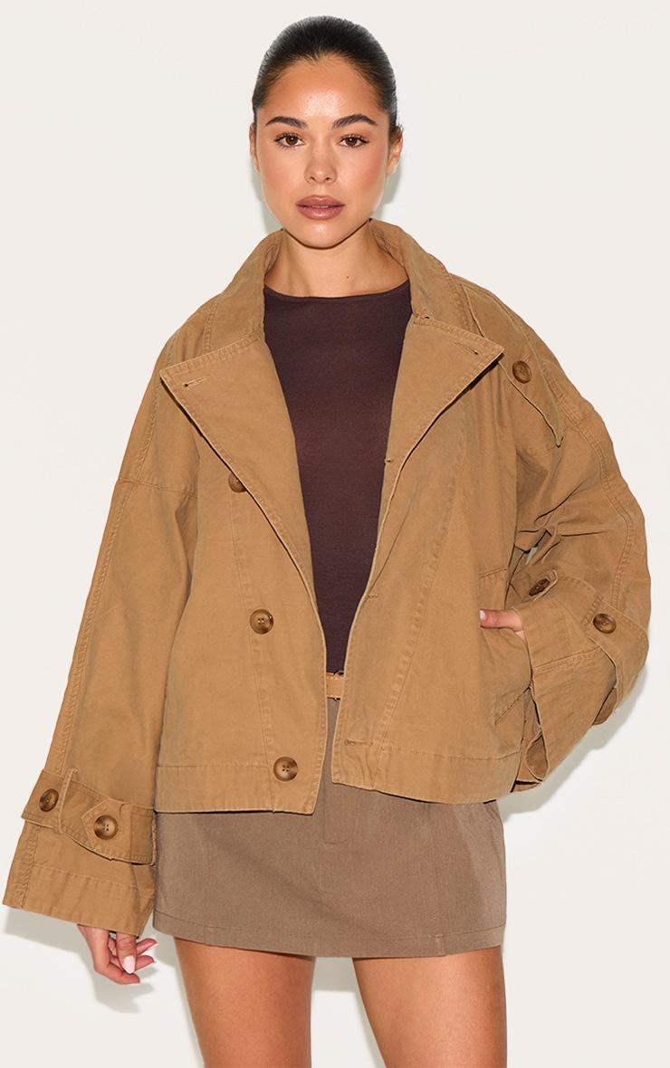 Pretty Little Thing Taupe Wrap Over Detail Canvas Trench Coat